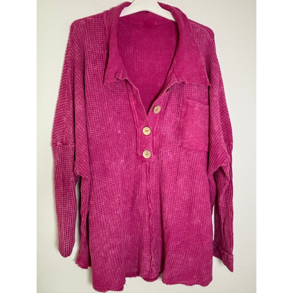 Magenta Pink Waffle Knit Henley Oversized Long Sleeve Thermal Top Small KT82853
